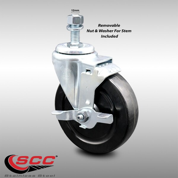 5 Inch SS Hard Rubber Wheel Swivel 12mm Threaded Stem Caster with Brake SCC